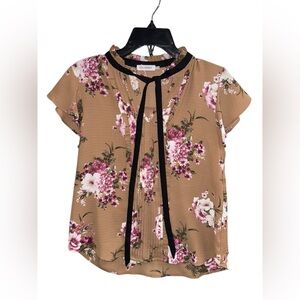 Blu Pepper Tan Floral Short Sleeve Blouse Top Size Medium